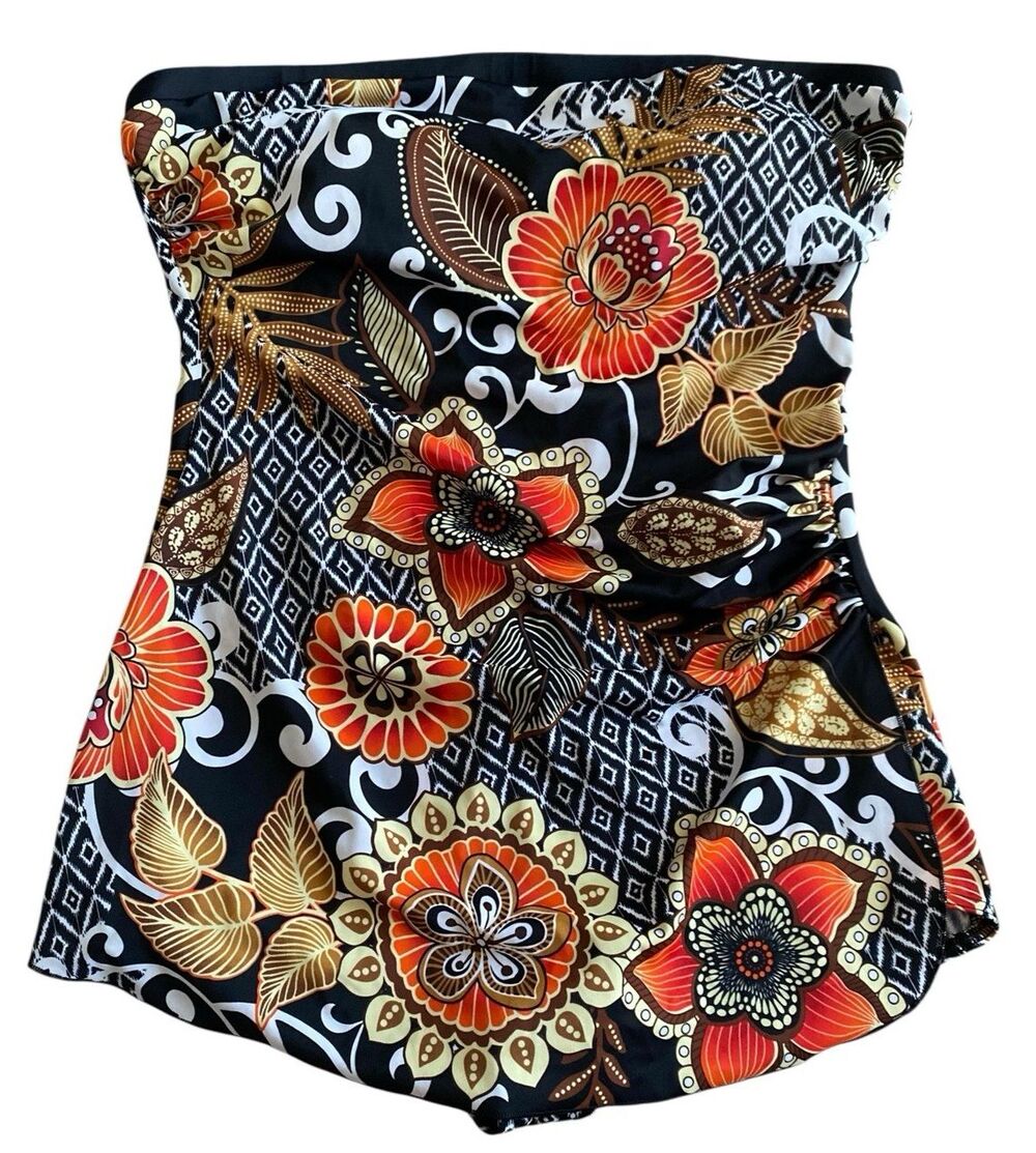 It Figures Hip Hider Strapless Swimsuit 18 Black Floral Tummy Control w/ Strap